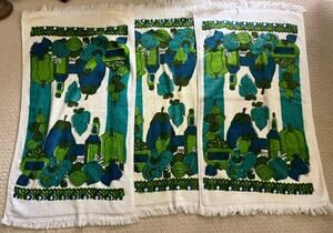 Vintage VERA NEUMANN 3 Kitchen Towels Blue Green Mushrooms Fringe MCM As Is